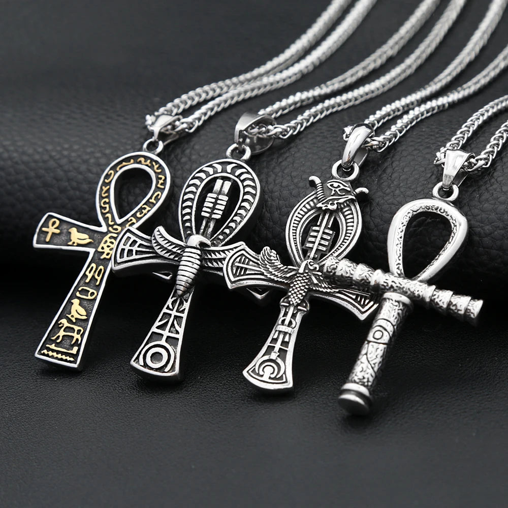 Vintage Stainless Steel Ancient Egyptian Ankh Cross Pendant Necklaces For Men Women Fashion Eye Of Horus Amulet Jewelry