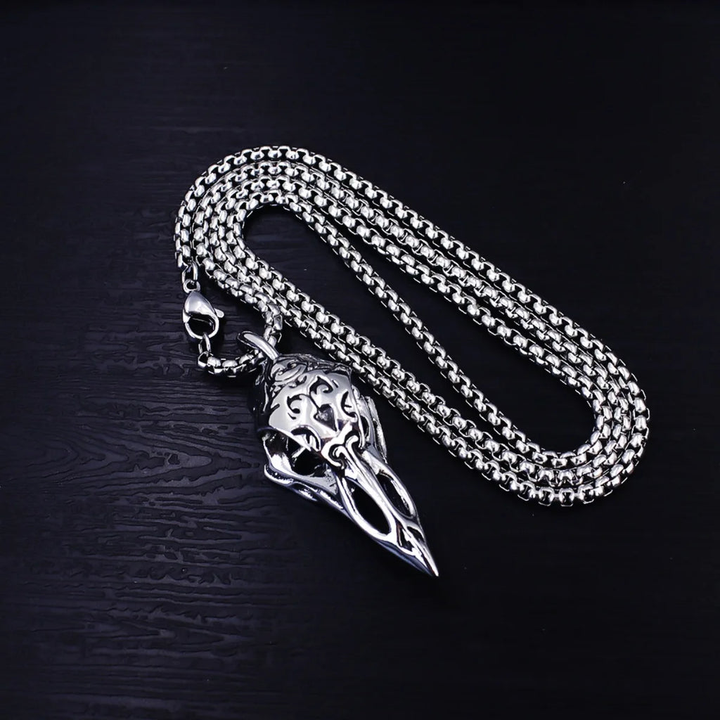 Nordic Crow Skull Pendant Necklace, Retro Animal Jewelry for Men, Lucky Amulet Gift, Viking Style