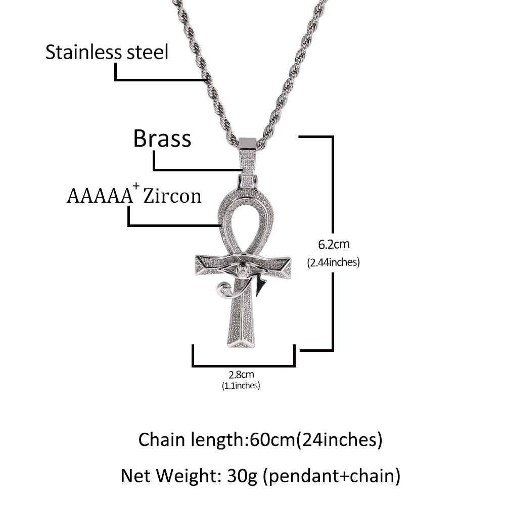 THE BLING KING Iced Eye of Horus Ancien Egypt Ankh Pendant Necklace Big Vintage Zirconia Cross Key Of Life Guardian Jewelry Gift