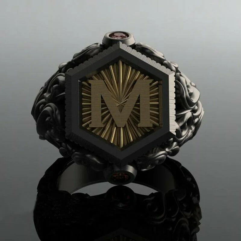 Men'S Fashion Bohemian Black M Letter Stainless Steel Ring Jewelry Size 6-10