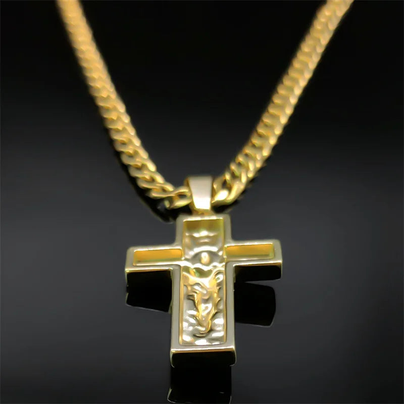 Stainless Steel Cross Jesus Pendant Necklace for Men Gold Color Hip Hop Cuban Chain Religious Crucifix Necklaces