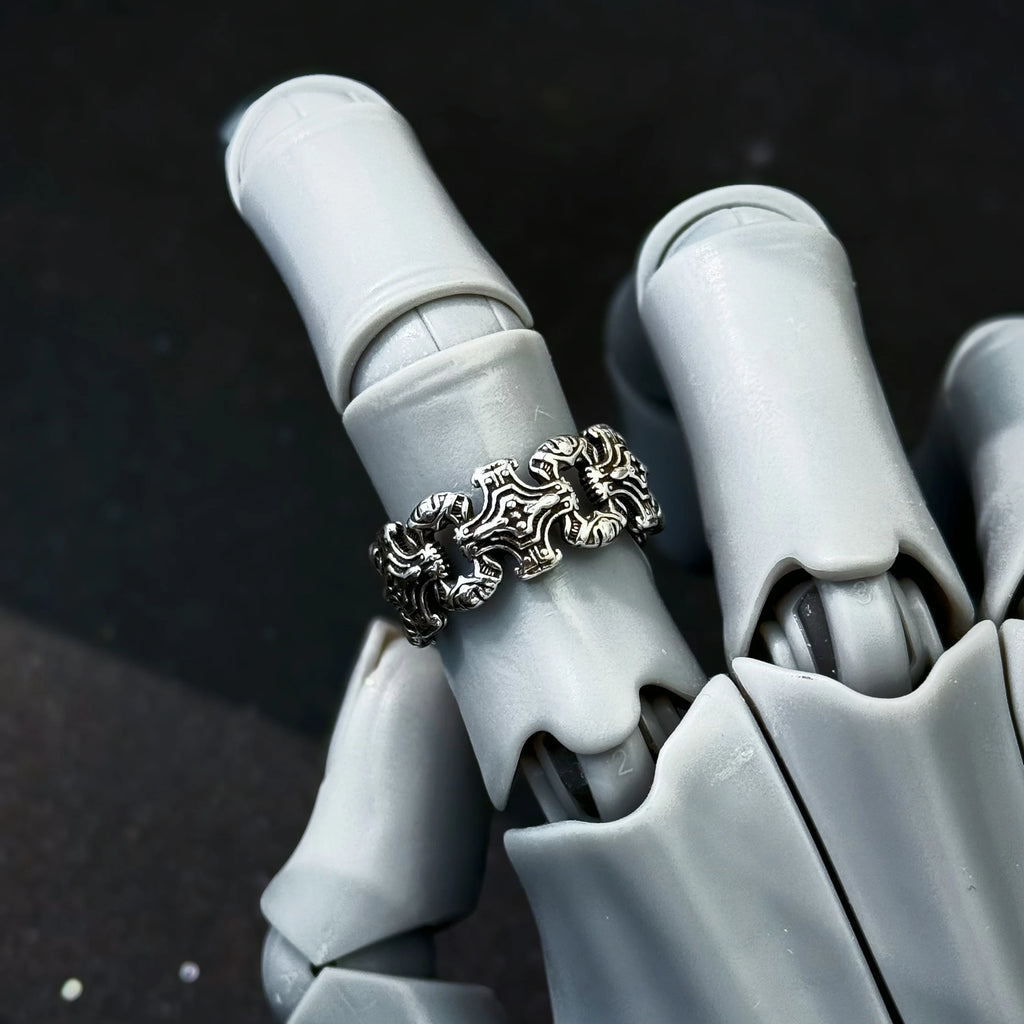 Gothic Chained Crosses Adjustable Open Ring — Silver-Tone