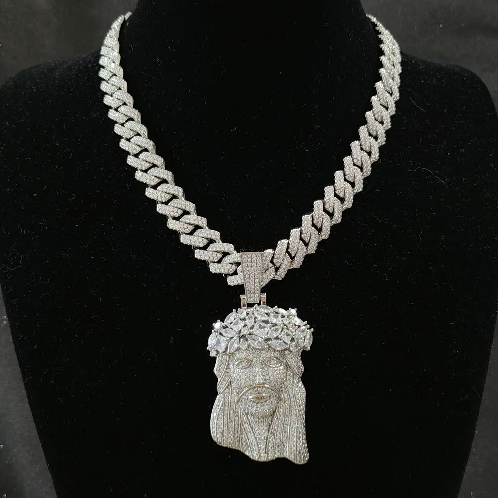 Hip Hop 5A+ CZ Stone Paved Bling Iced Out Big JESUS PIECES Pendants Necklaces for Men Rapper Jewelry with 14MM cuban