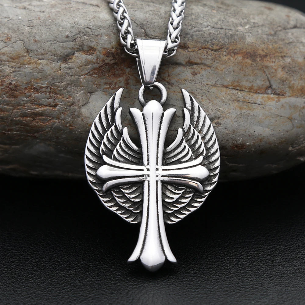 Cross Steel Pendant Vintage Punk Angel Wings Memorial