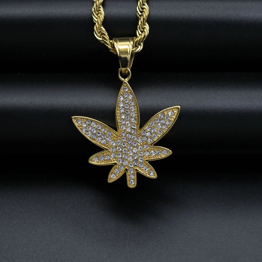Gold color Pendant Necklace Men women Maple Leaf with rhinestone for Boys Male Steampunk Jewelry