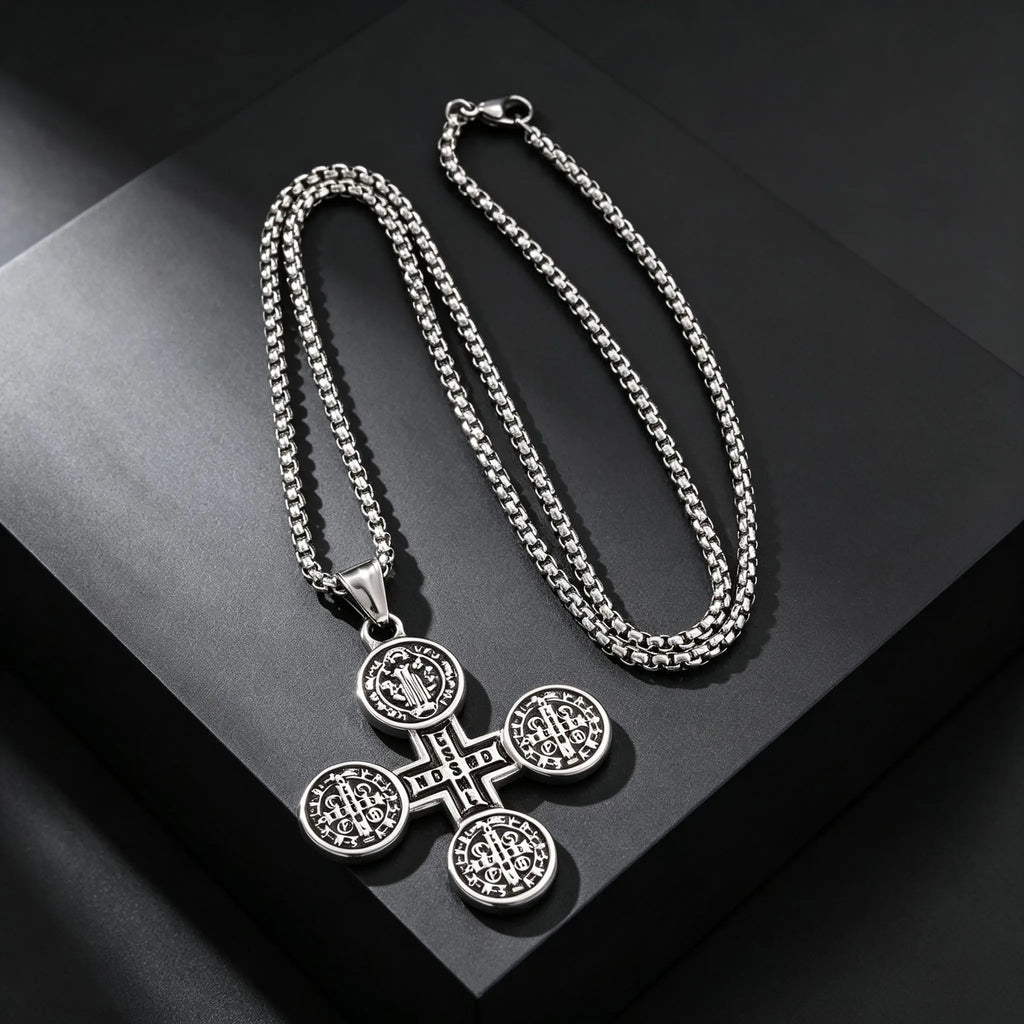 Saint Benedict Cross Medal Necklace — Silver, Stainless Steel