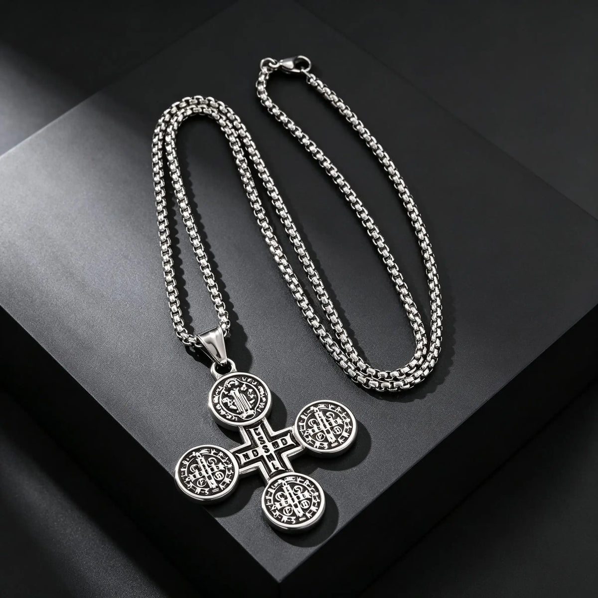 Saint Benedict Cross Medal Necklace — Silver, Stainless Steel