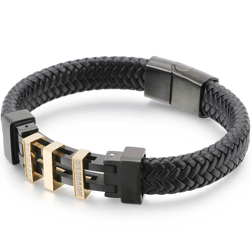 Rope Chain Wrap Leather Bracelet for Man Polished Stainless Steel Men's Charm Bracelets Handmade Male Jewelry Wrist On
