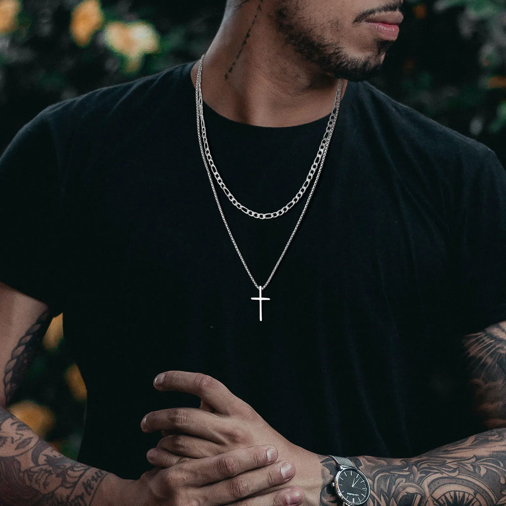 Vnox Dropshipping Mens Cross Necklaces Stainless Steel Layered Plain Cross Pendant Rope Box Chain Necklace Prayer Jesus Collar