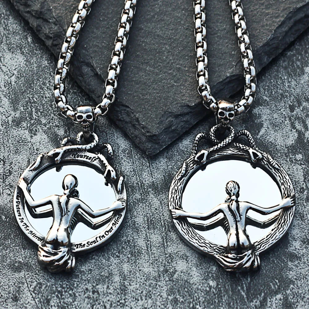 Vintage Stainless Steel Magic Mirror Skull Necklace Pendant Men Women Fashion Silver Color/Gold Biker Snake Necklace