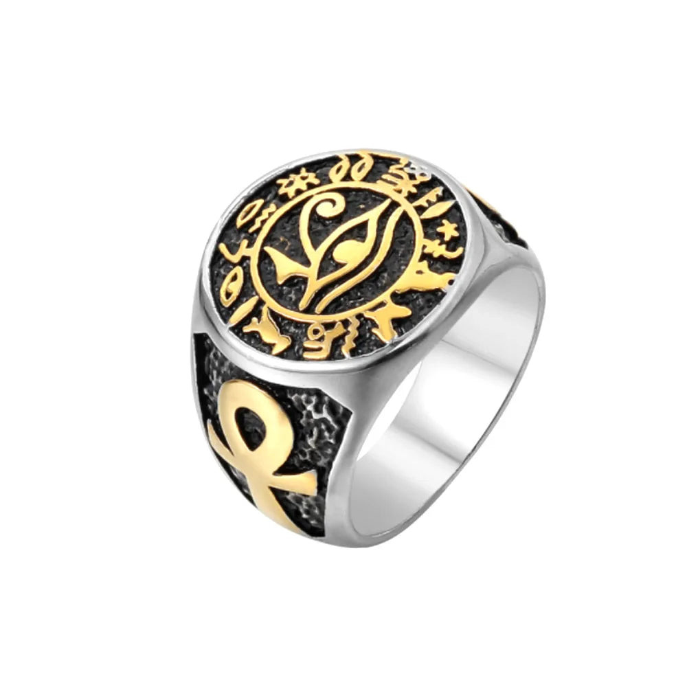 Vintage Egyptian Eye of Horus Ring Mysterious Ancient Egypt Text Symbol Ankh Rings for Men Stainless Steel Punk Jewelry