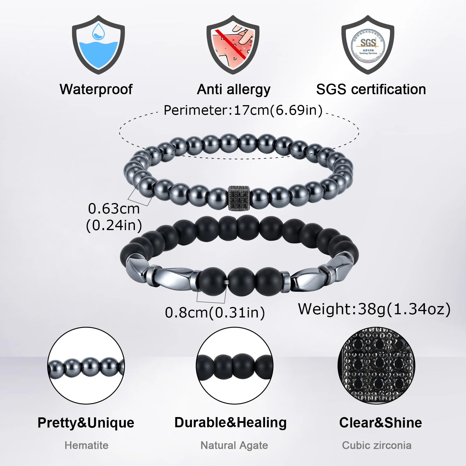2ps Fashion Bracelet Set for Men Natural Agate Hematite Beaded Chain Bangle Luxury High Quality Jewelry Gift