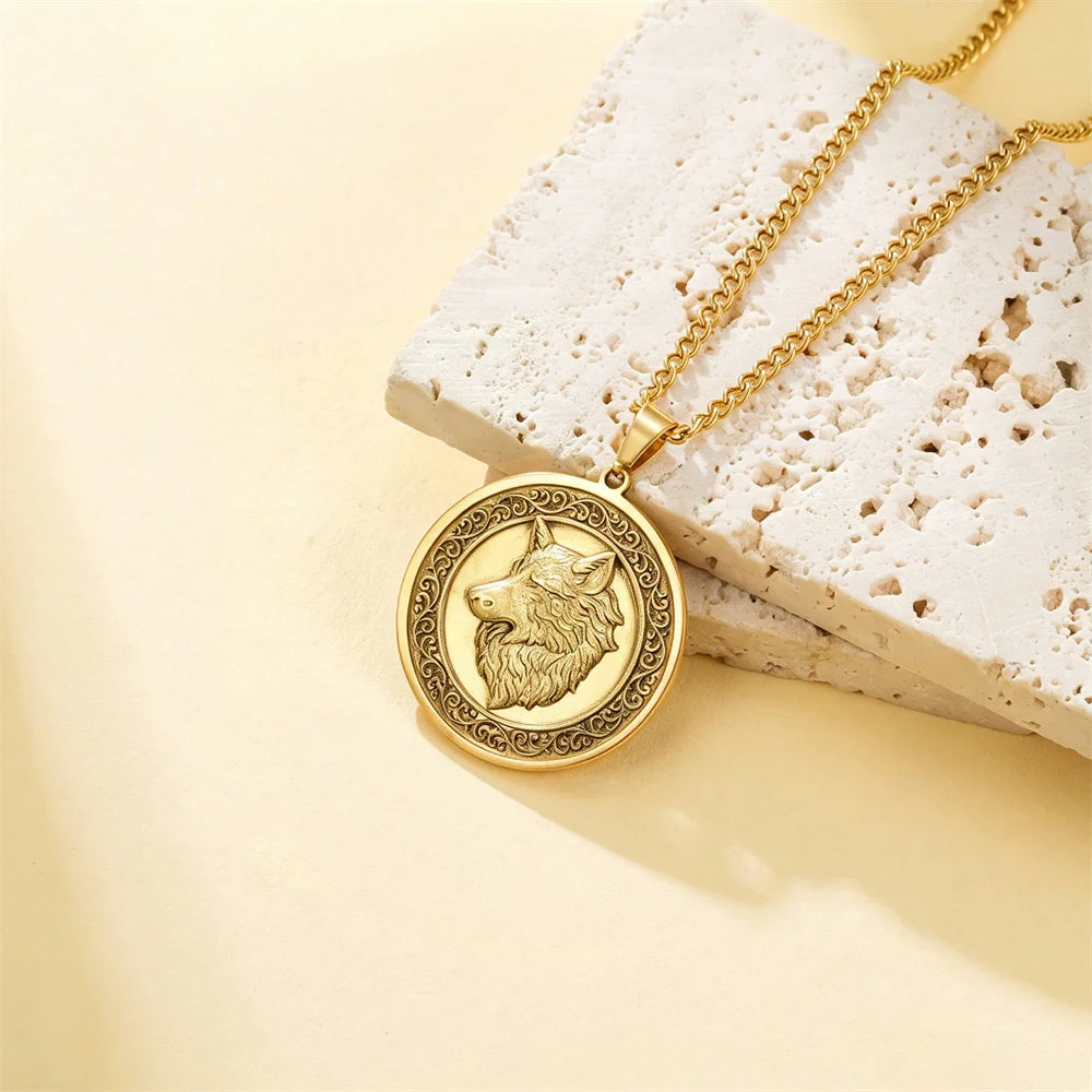 Vintage Wolf Head Necklace Brass 3D Embossed Wolf Coin Pendant Stainless Steel Chain Norse Animal Totem Jewelry Gift