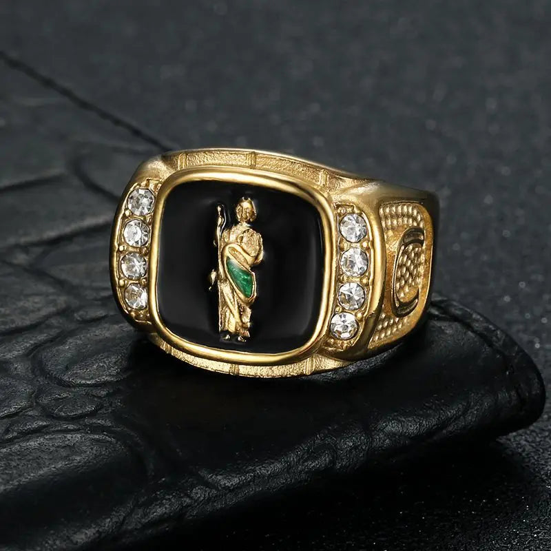1pc, 316L stainless steel jewelry, St. Jude ring,with rhinestone green enamel, street party, daily wear, men's women's