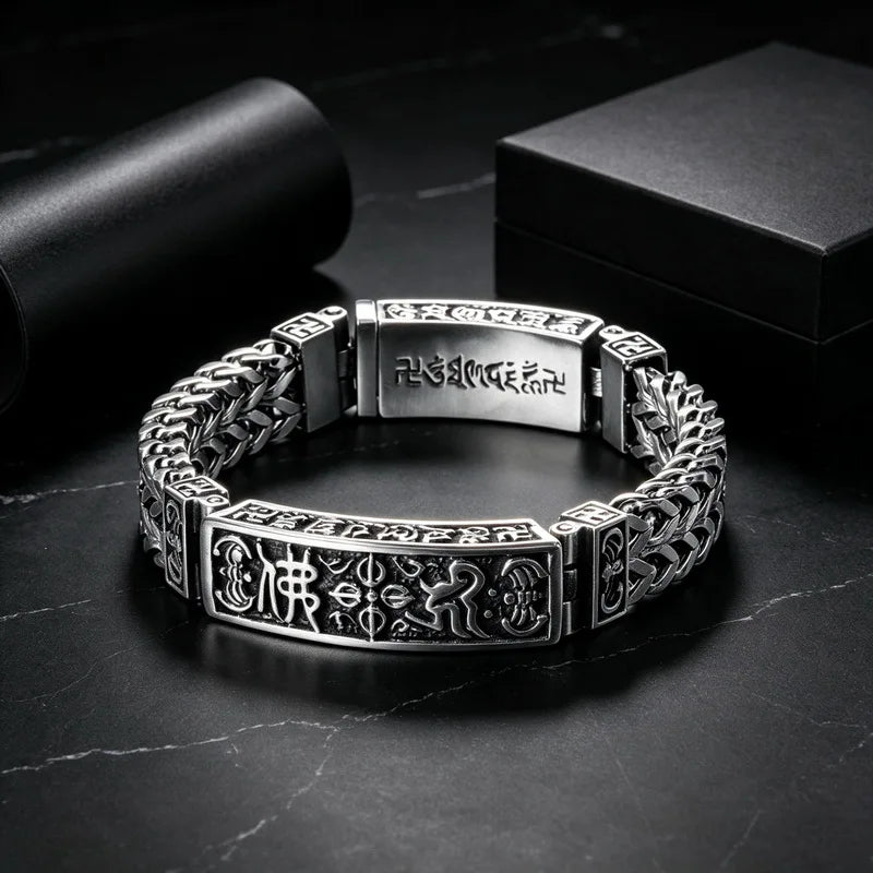 Vintage Men Stainless Steel Buddhist Motifs Bracelet Retro Pattern Link Chain Wrist Bangle Fashion Male Daily Jewelry