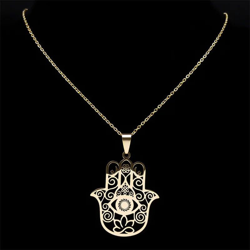 Hamsa Hand Muslims Judaism Hollow Necklace for Women Hand of Fatima Lotus Flower Stainless Steel Necklaces Jewelry Gift