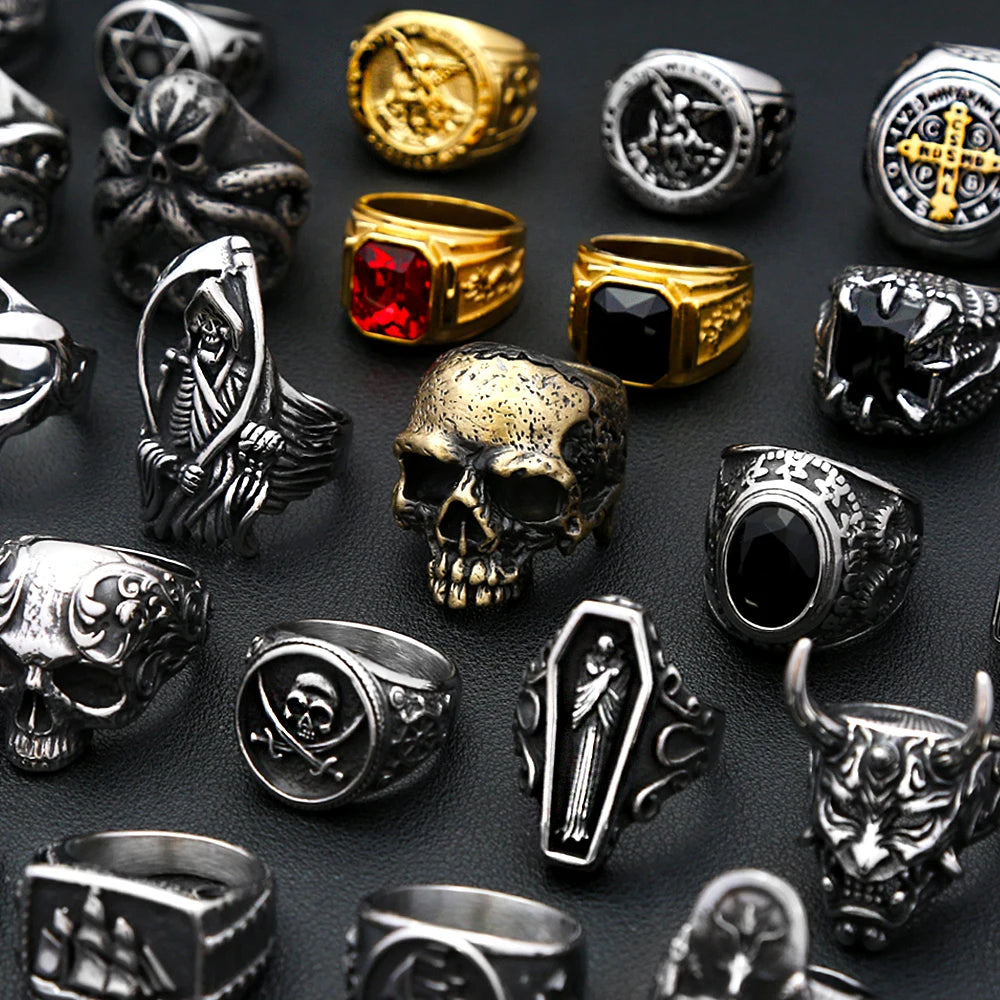 Fashion Punk Vintage Skull Ring Stainless Steel Gothic Biker Ring For Men Women Unique Viking Amulet Jewelry Gift