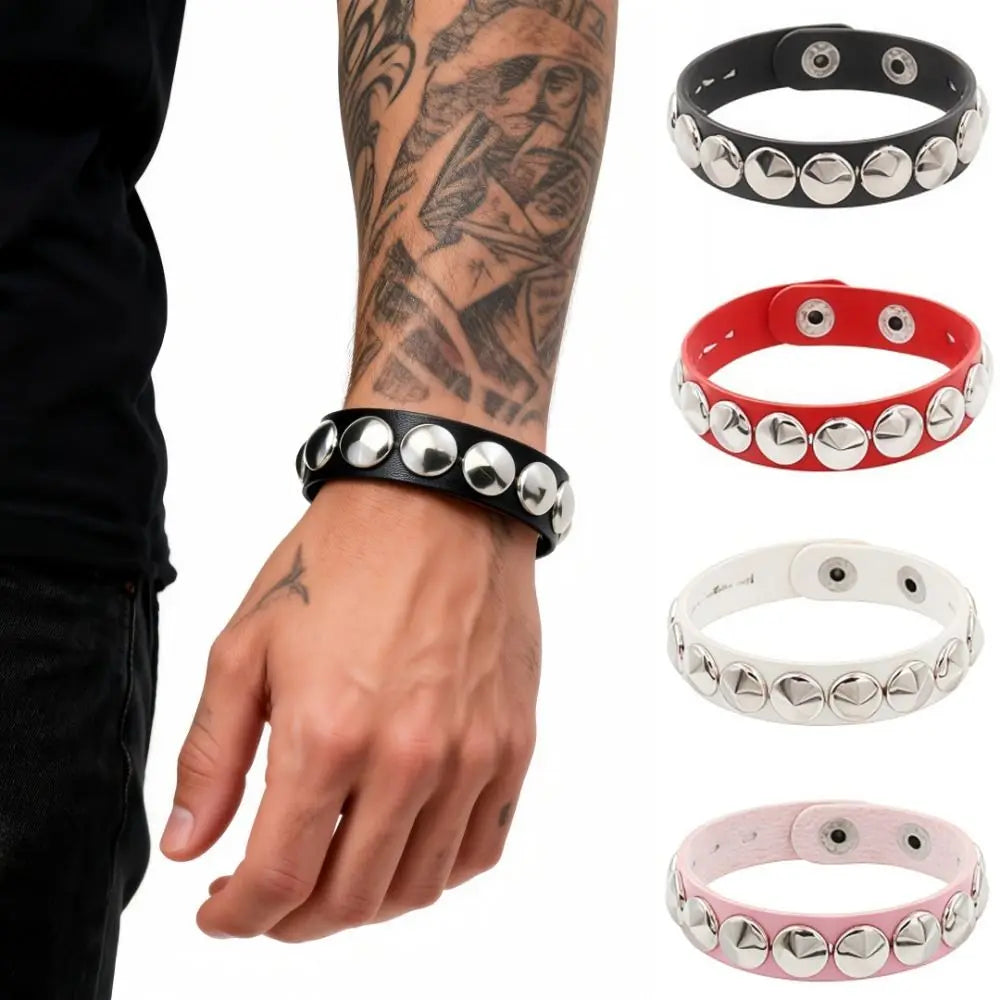 Gothic Round Rivet Leather Cuff Bracelet — Adjustable Bangle