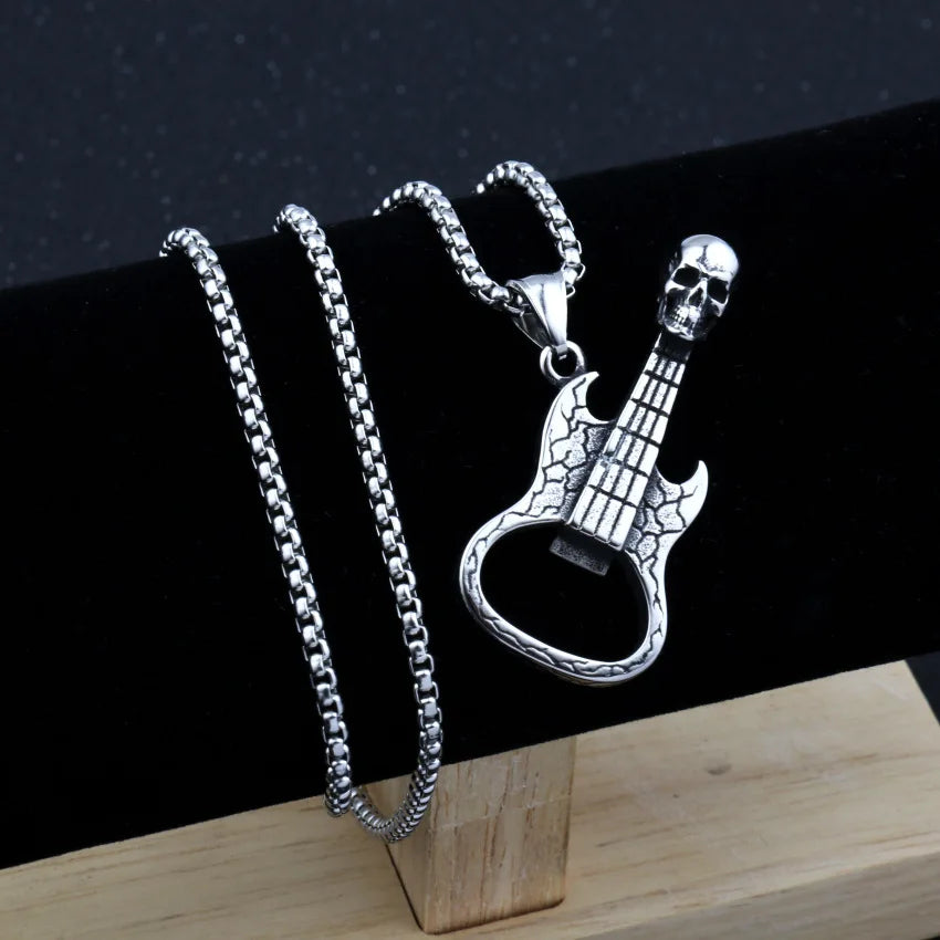 Silver Vintage Skull Guitar Pendant Necklace