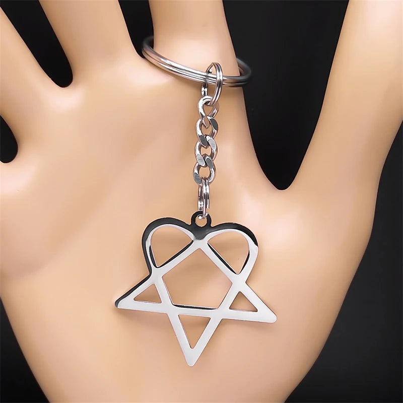 Star Heartagram Silver Key Chain — Stainless Steel