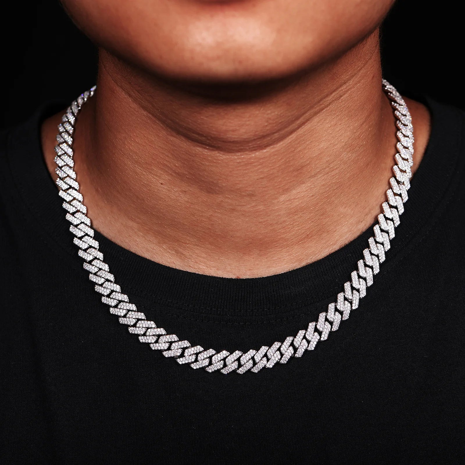 Wide 14mm Rhombus Double Row Cuban Necklace designed for men, delicate artificial diamonds mounted on PT950 Platinum chain
