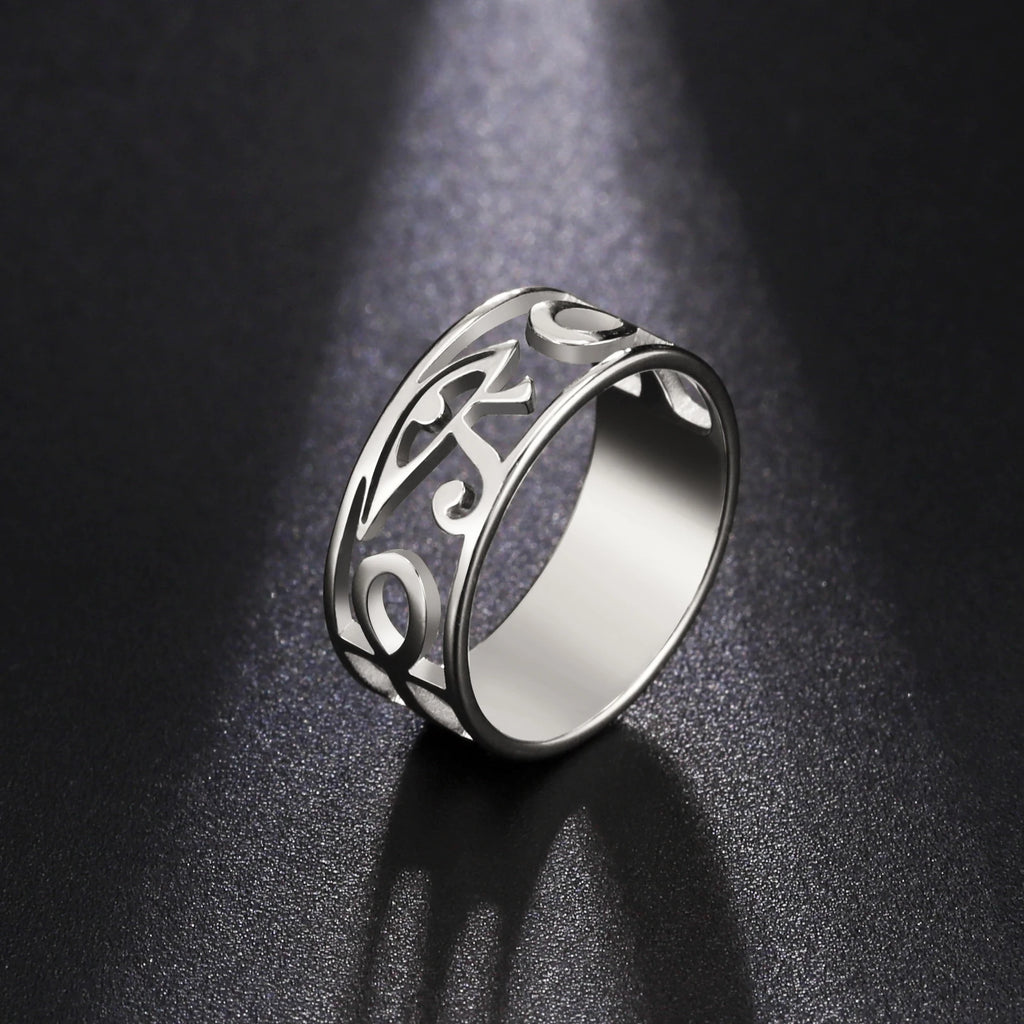 LIKGREAT Ancient Egypt Eye Of Horus Ring Stainless Steel Hollow Ra Udjat Finger Rings Accessories Ankh Cross For Women