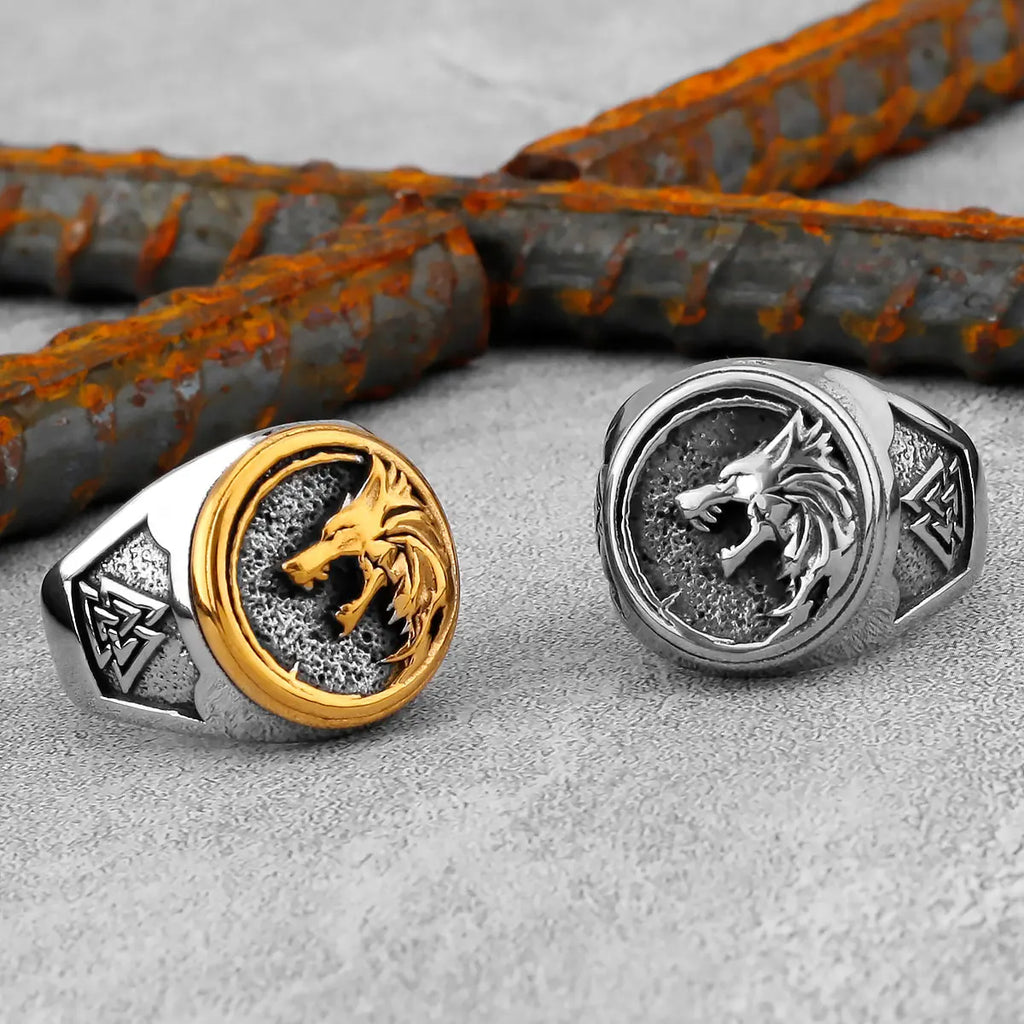 Stainless Steel Viking Wolf Head Ring Never Fade Gold Color Men's Hunting Game Hunter Wolf Claw Ring Nordic Wolf