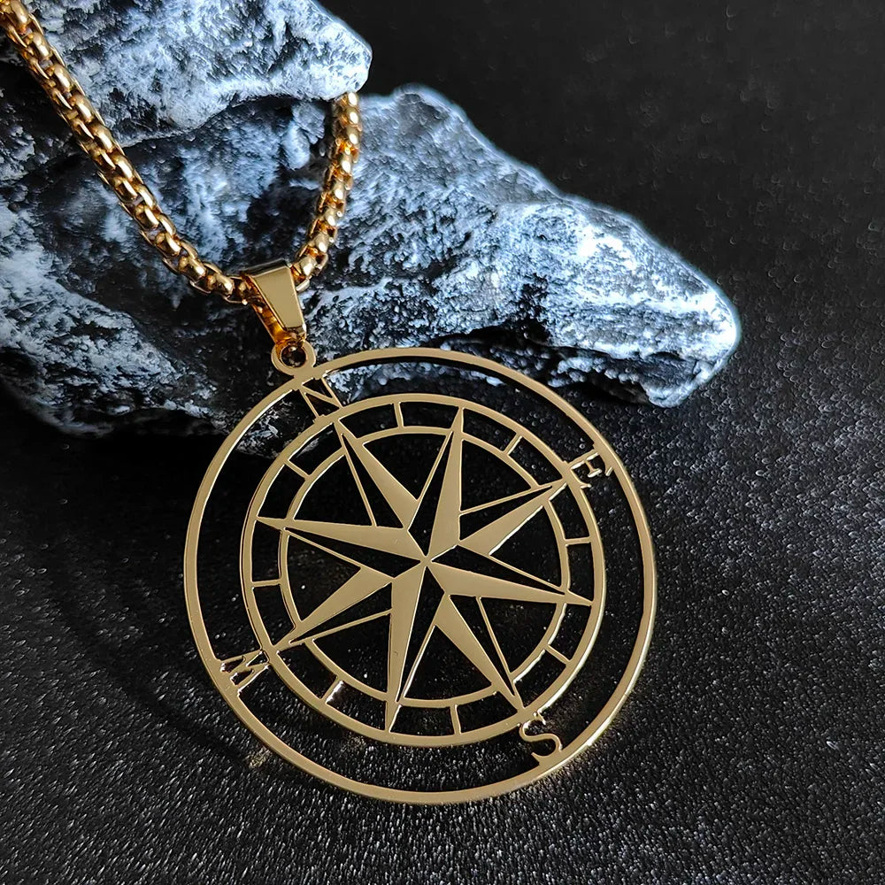 Viking Compass Anchor Pendant Necklace — Gold