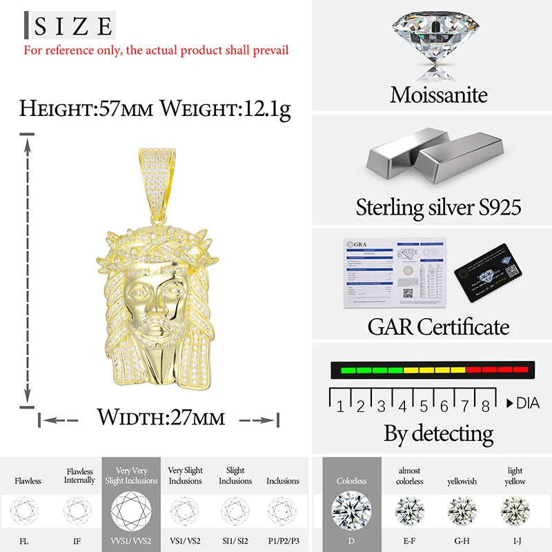 TUHE Unisex Iced Out Jesus Pendants VVS1 Moissanite Pendants Necklace Silver 925 For Men Hip Hop Jewelry