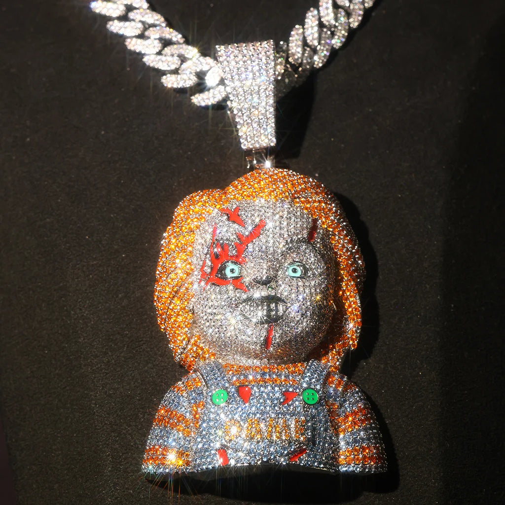 Colorful Moissanite Doll Pendant Necklace 18K Gold Plated Hip-Hop Style Statement Rapper Jewelry Pendant Gift for Men Boy Friend