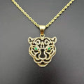 Men's Fashion Titanium Steel Plated Rhinestone Green Eyes Hollow Tiger Head Pendant Necklace Punk Hip Hop Personality