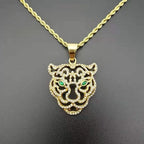 Men's Fashion Titanium Steel Plated Rhinestone Green Eyes Hollow Tiger Head Pendant Necklace Punk Hip Hop Personality