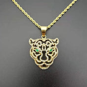 Tiger Head Pendant Necklace — Green Eyes Hollow, Gold-Tone