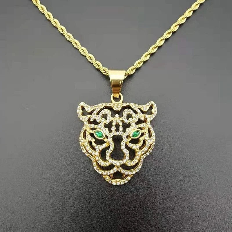 Men's Fashion Titanium Steel Plated Rhinestone Green Eyes Hollow Tiger Head Pendant Necklace Punk Hip Hop Personality