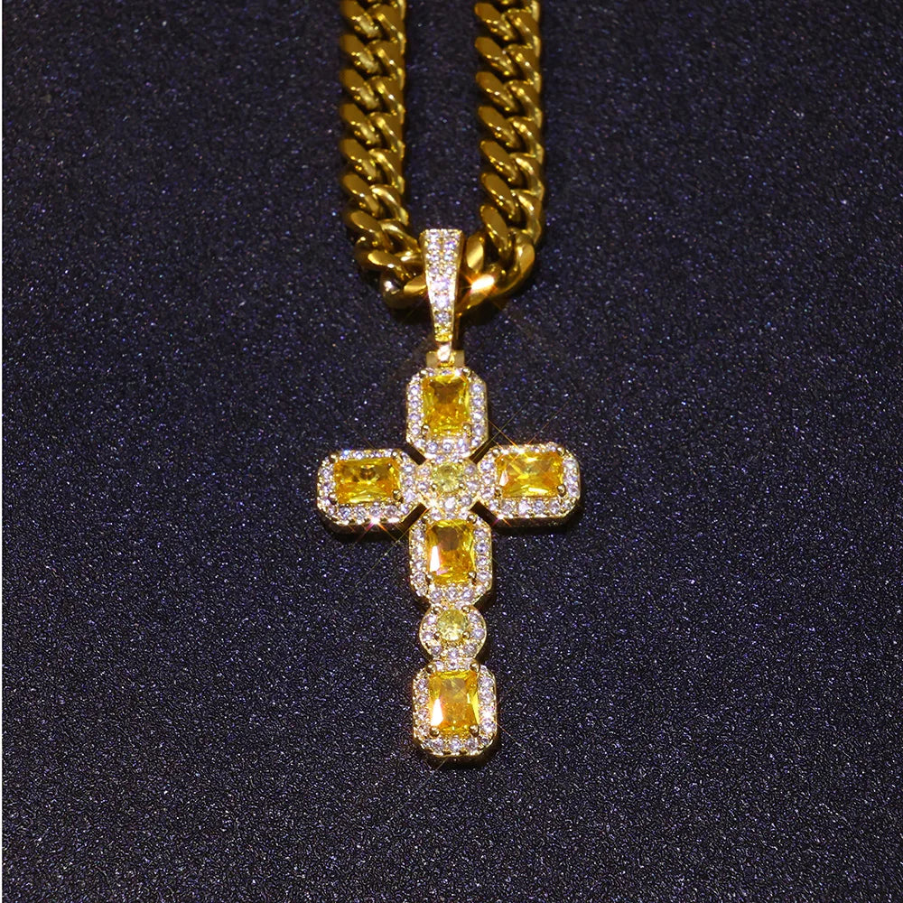 Cross Pendant Necklace Iced Out Yellow CZ