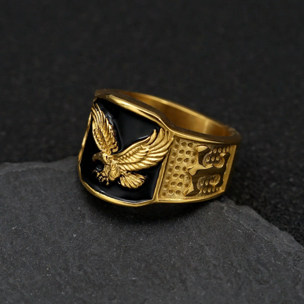 Gold Eagle Ring Classic Statement Band — Stainless Steel