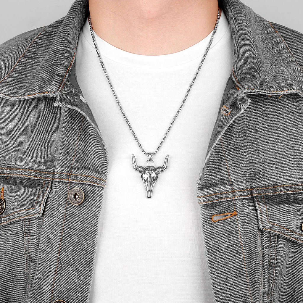 Cattle Skull Long Men Necklaces Pendants Chain Punk Unique for Boyfriend Male Stainless Steel Jewelry Creativity Gift