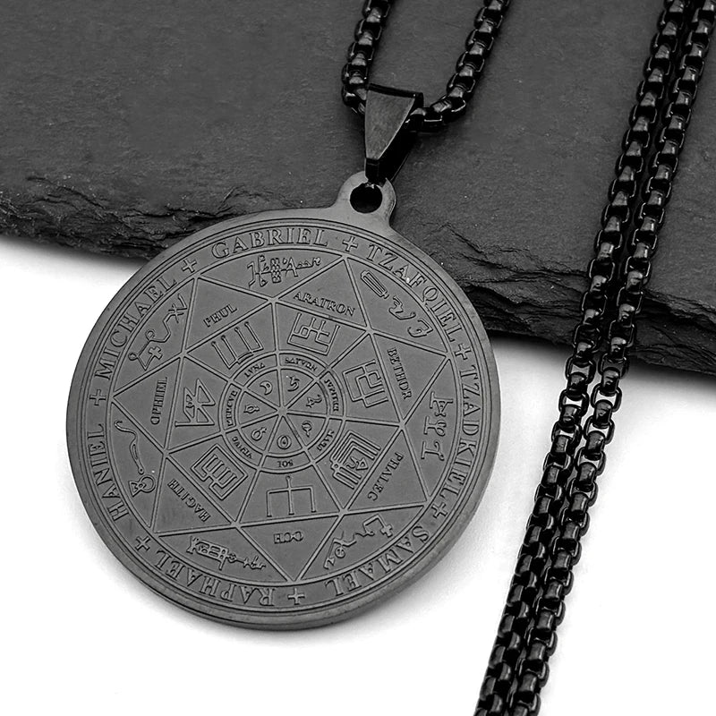 Seven Archangels Sigil Medal Angel Pendant Necklace for Women Men Stainless Steel Seal of Solomon Christian Amulet