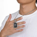 Vnox Black Square Stone Necklaces for Men, Retro Silver Color Stainless Steel Geometric Pendant Collar with Box Chain