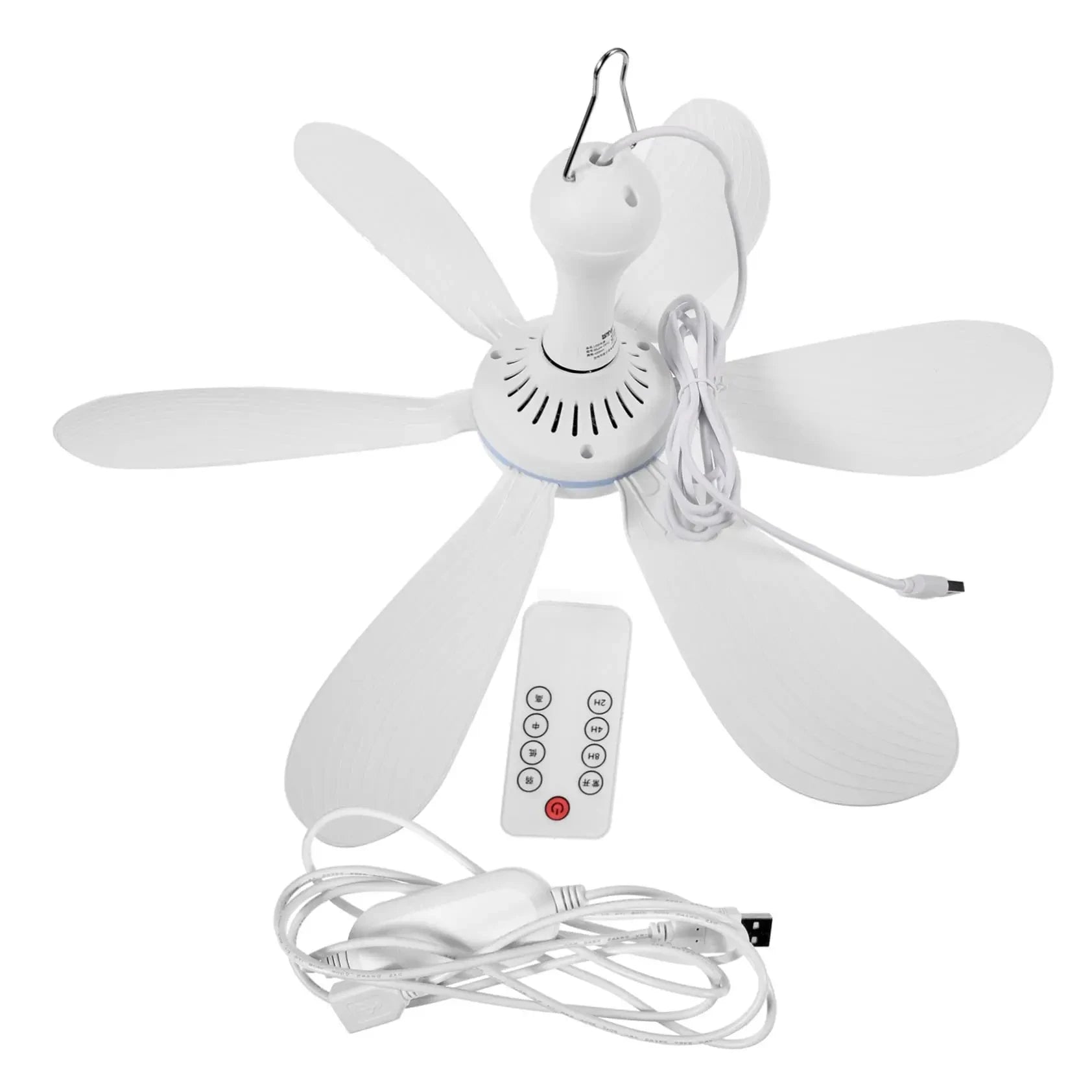 Silent 6 Leaves USB Powered Ceiling Canopy Fan with Remote Control Timing 4 Speed Hanging Fan for Camping Bed Dormitory