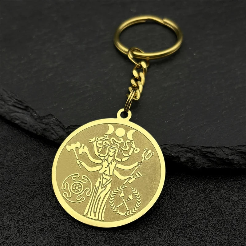 Snake Trident Gold Pendant Wicca Triple Moon Goddness