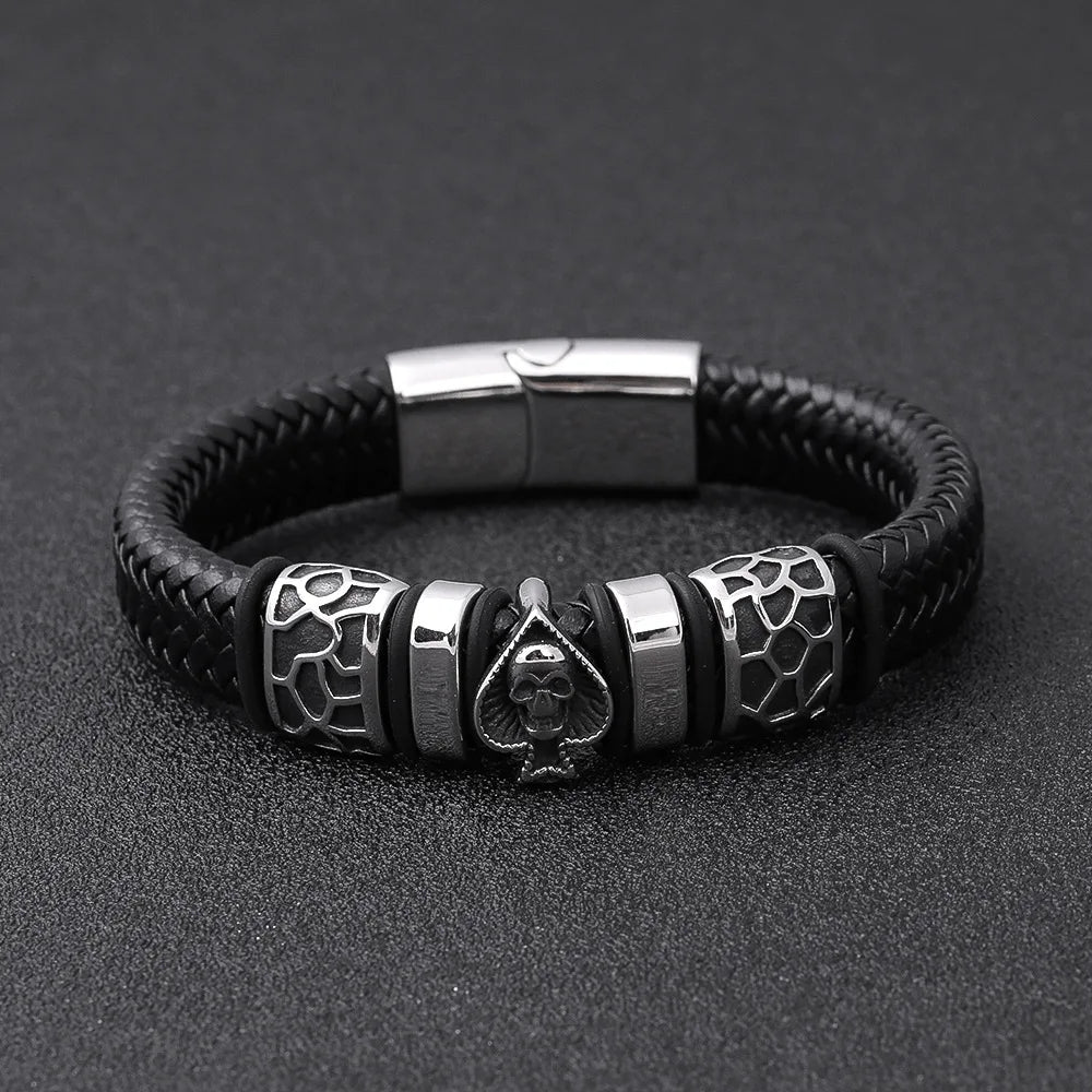 Skull Braid Leather Bracelet — Stainless Steel