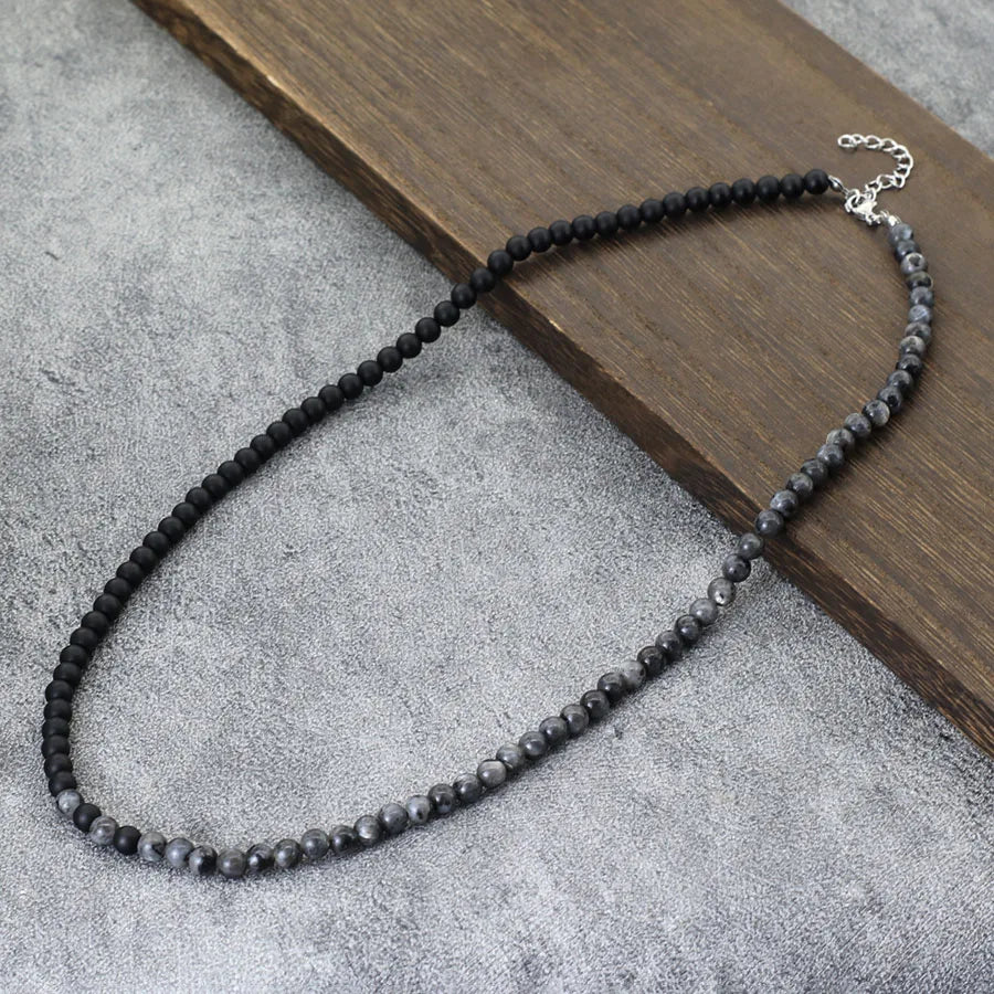 Stylish 6mm Stone Healing Necklace For Men 24 Inches Long Collar Stainless Steel Buckle Black White Yin Yang Bicolor