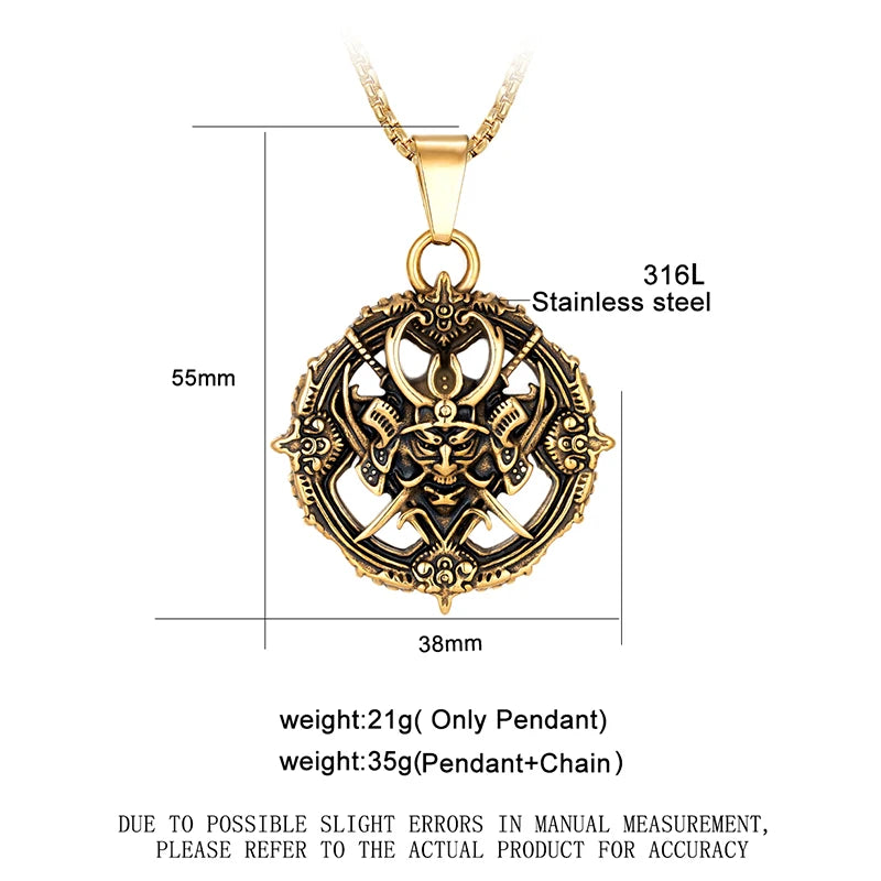 Samurai Oni Mask Pendant Necklace — Stainless Steel