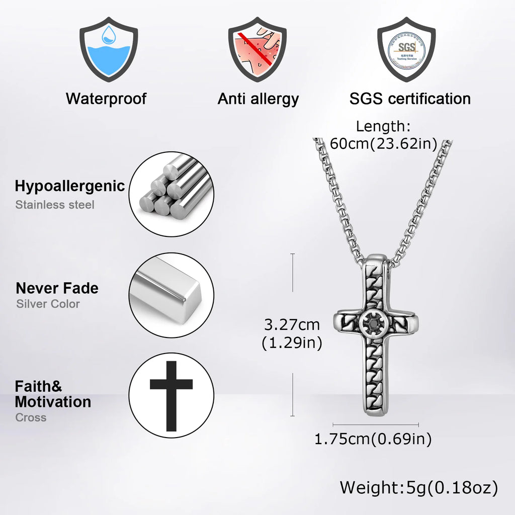 Stylish Cool Textured Cross Pendant Necklace for Men High Quality Stainless Steel Waterproof Collar Necklace Punk