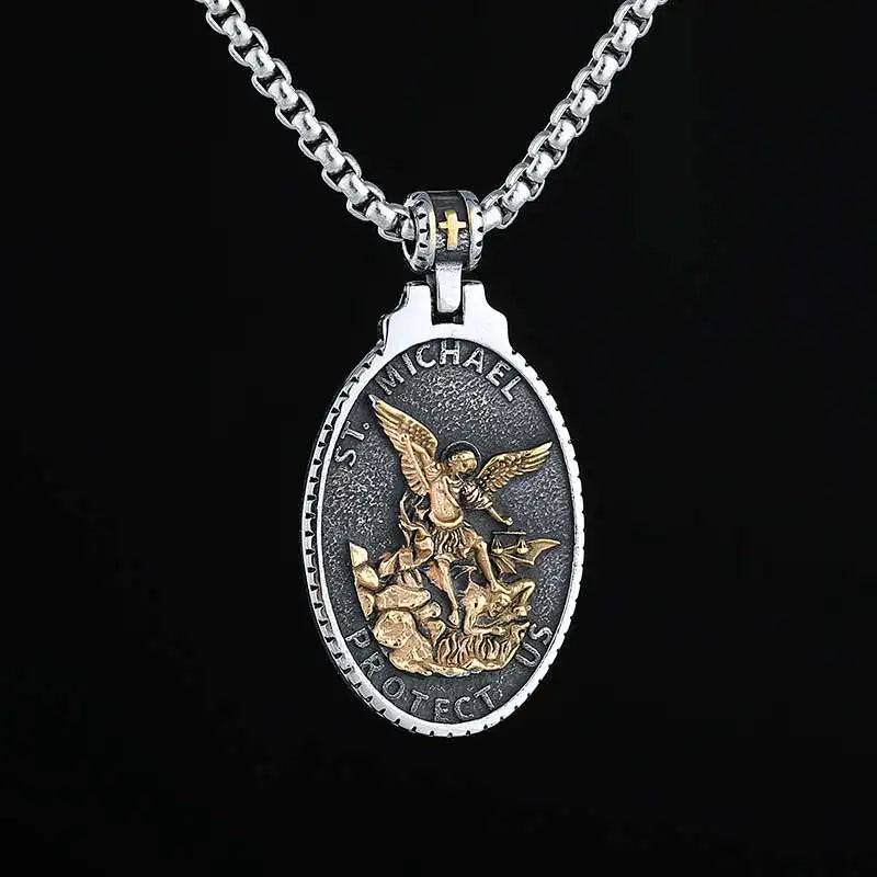 Men's 316L Stainless Steel Patron Saint Of Time Travelers Archangel Michael Gold Pendant Necklace jewelry