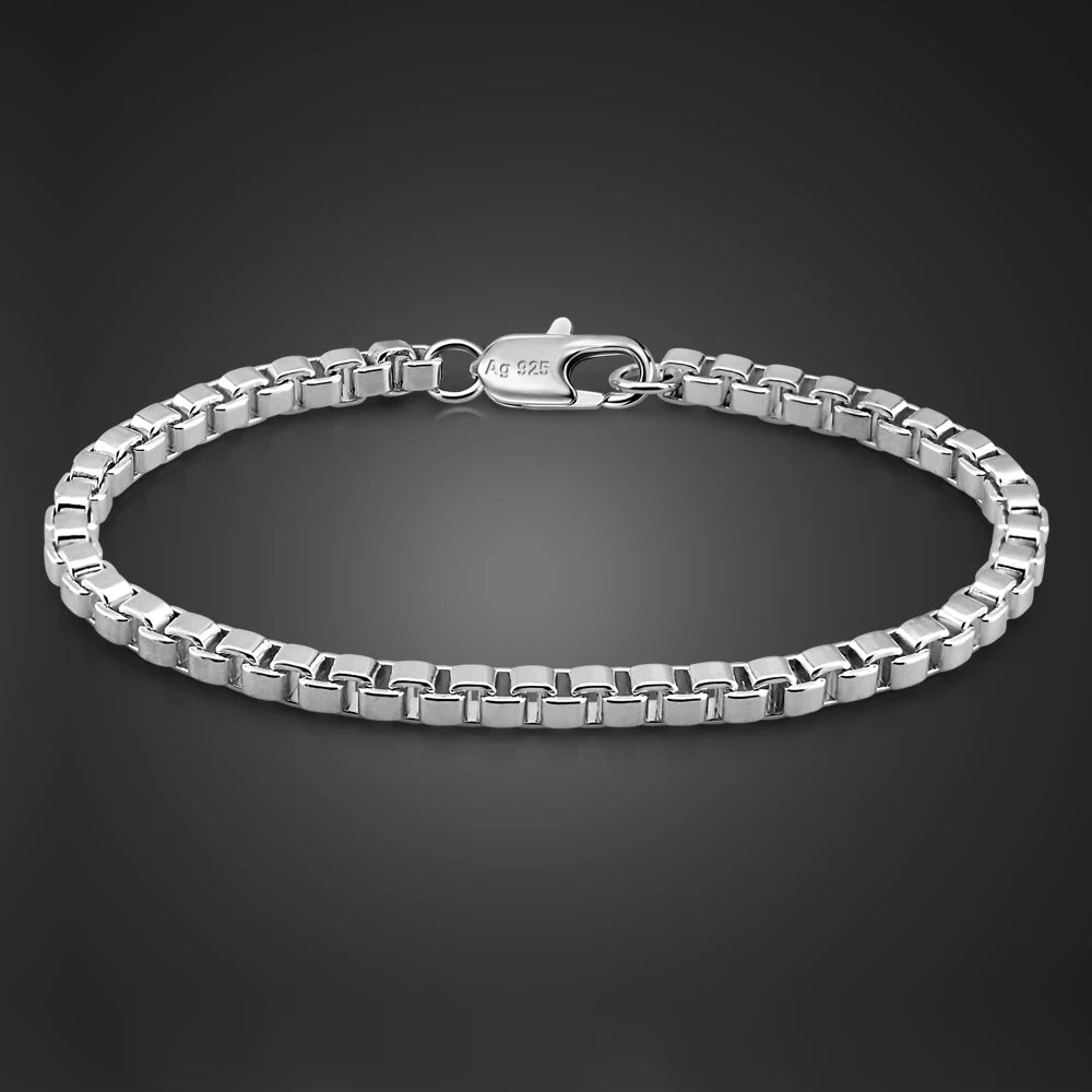 100% Solid 925 Sterling Silver Box Chain Bracelet Unisex Bangle For Men & Women Thoughtful Jewelry Gift for Birthdays/Holidays