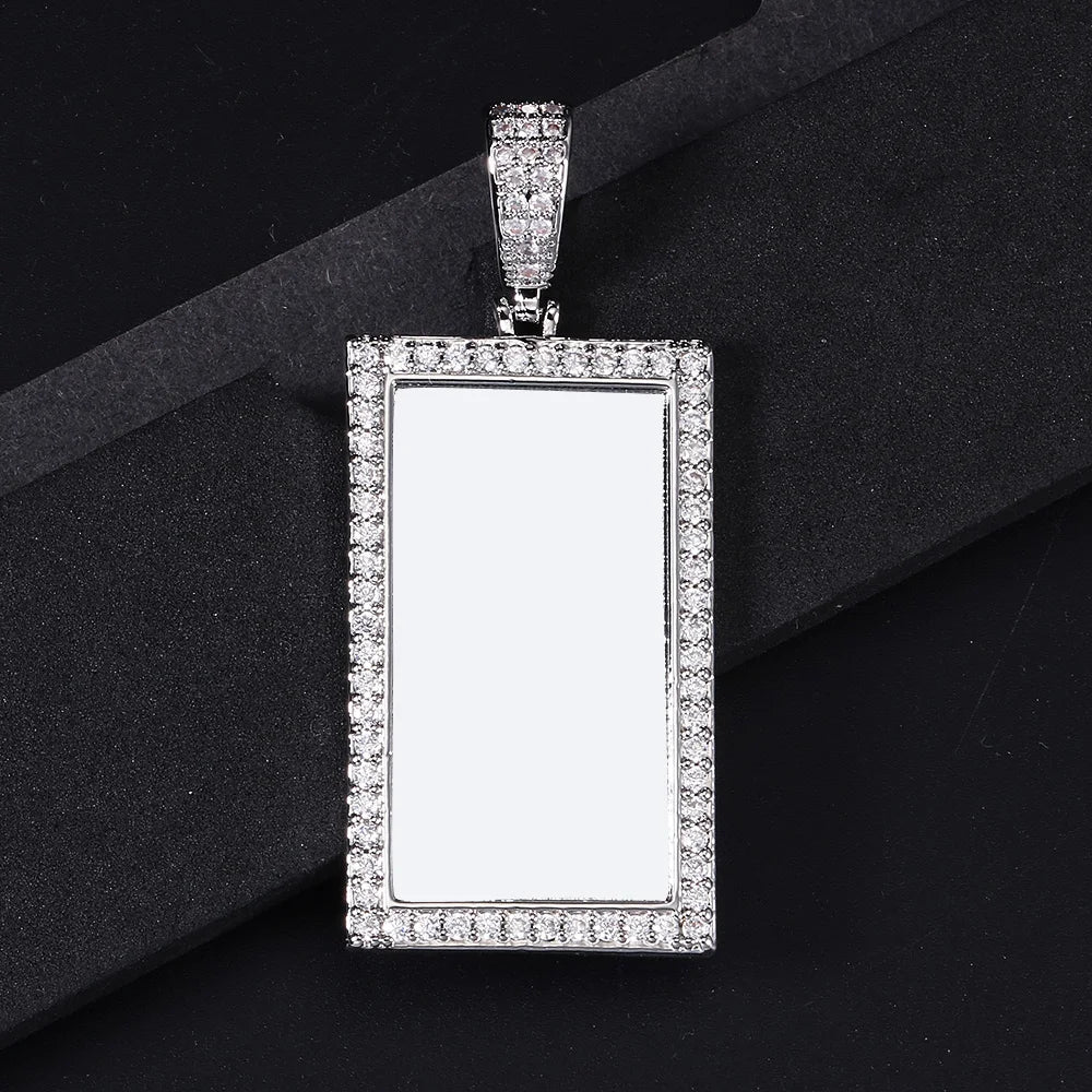 Iced Out Rectangle Photo Pendant Necklace