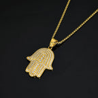 Iced Out Hamsa Hand of Fatima Pendant Necklace — Gold-Tone Steel