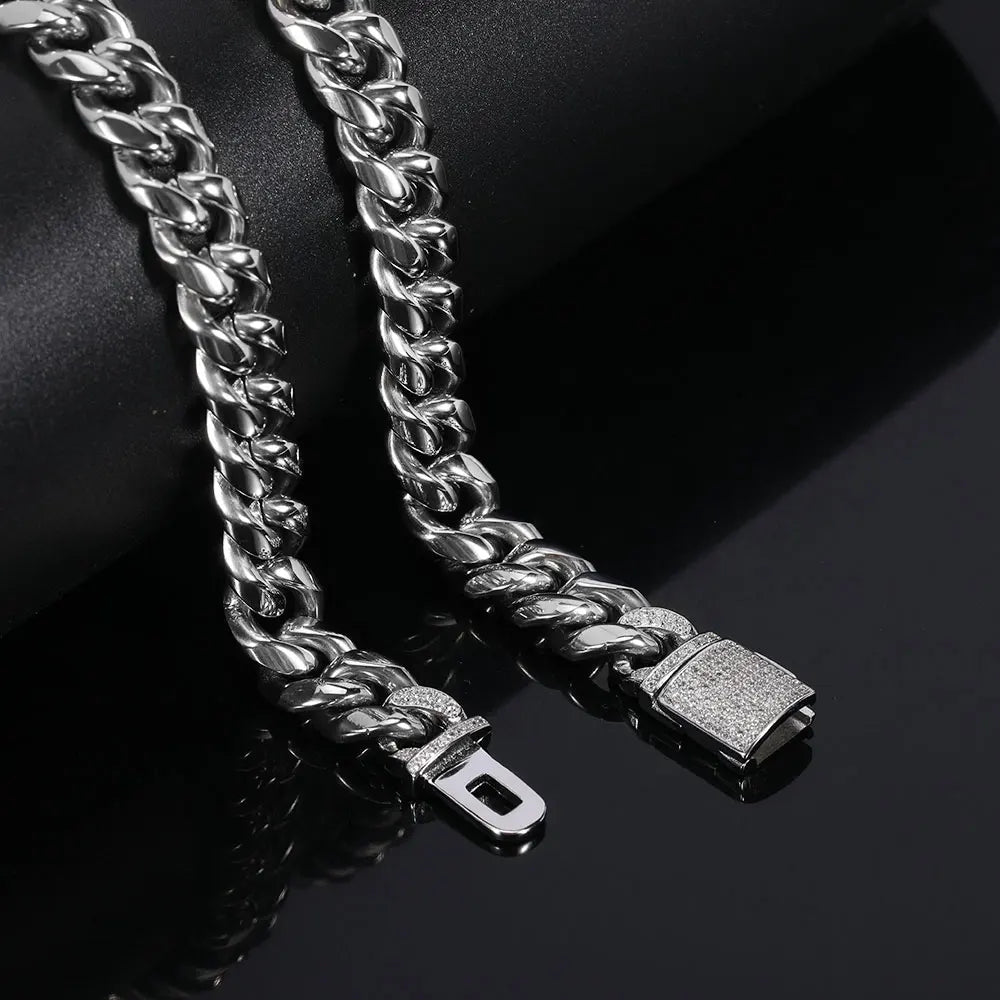 12mm Miami Mens Cuban Link Chain Necklace 316L Stainless Steel Gold Plated Necklace for Women with Full Iced Clasp